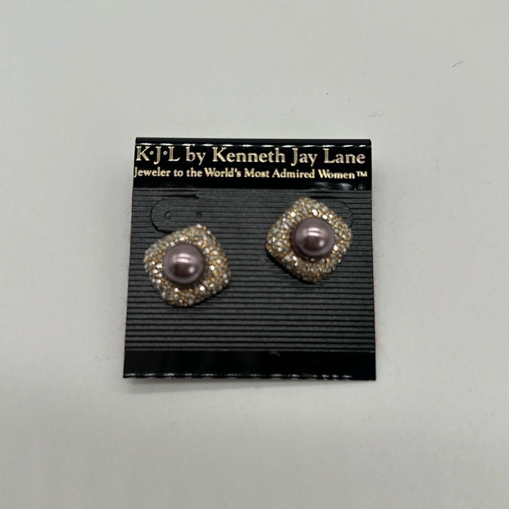 KJL Kenneth Jay Lane Vintage Faux Purple Pearl & Pave Pierced Earrings - Picture 2 of 5